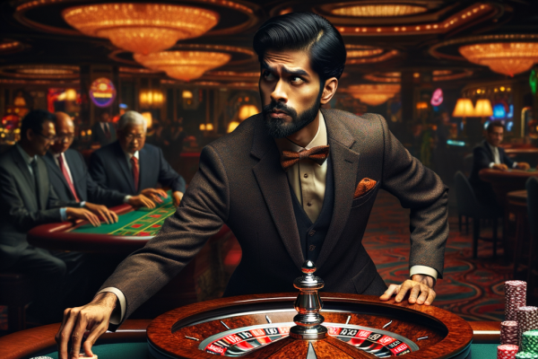 A gambler follows strange superstitions: knocking on the roulette table, avoiding a certain number, and refusing to cross their legs while playing.