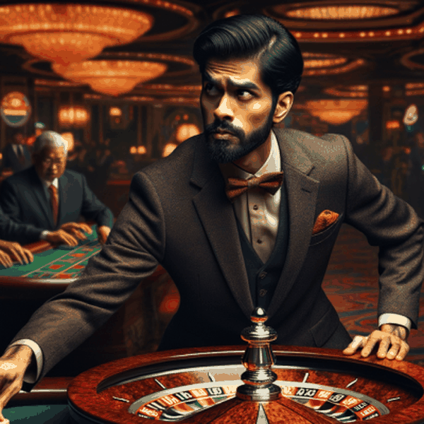 A gambler follows strange superstitions: knocking on the roulette table, avoiding a certain number, and refusing to cross their legs while playing.