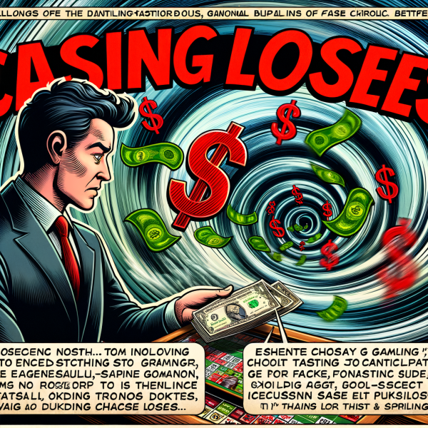 A comic-style gambler is caught in a vortex labeled 'Chasing Losses' while ghostly dollar signs and red numbers swirl around. A narrator explains the emotional trap in comic text boxes, like a cautionary tale.