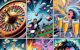A split-panel comic scene: in public, a gambler boasts with bright colors and fake winning tickets. In private, the room is dark and full of bills and broken tokens. A masked expression hides their emotional struggle.